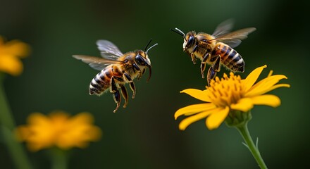 Two Honeybees in Flight Approaching a Bright Yellow Flower