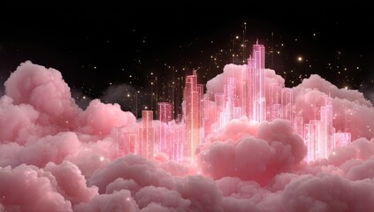 Pink, glowing city on clouds