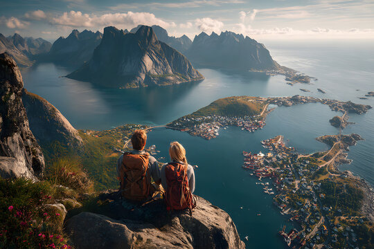 Couple family traveling together on cliff edge in Noway man and woman lifestyl concept summer vacations utdoor aerial view Lofotenislands Reinebringen mountin top - Powered by Adobe