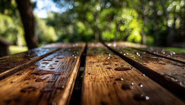 Close-up of a wet wooden picnic table