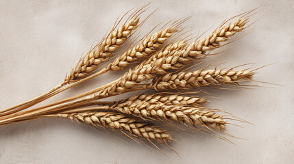 close-up of single tied bunch of wheat stems on pale neutral background, sharp golden texture, clean autumnal composition with ample negative space