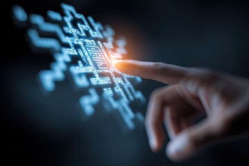 Finger touches a glowing digital circuit