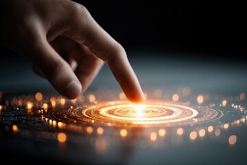Fingertip interacts with glowing, circular interface