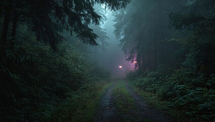 Misty forest path at dusk