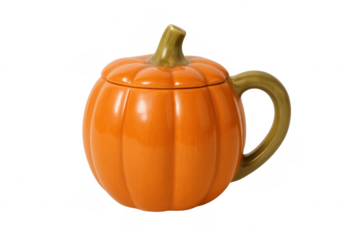 Orange pumpkin shaped ceramic mug with lid and handle on transparent background
