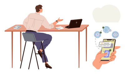 Man gesturing during work discussion at desk with notebook and laptop. Hand with phone, social updates alert. Ideal for communication, multitasking, technology, office life, time management, remote