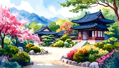 Obraz premium Traditional Japanese temple in a spring garden with cherry blossoms watercolor painting.