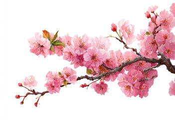 Obraz premium Delicate pink cherry blossoms on a branch against a white background (1)