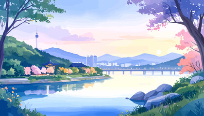 Peaceful river scene with trees and rocks reflecting in the water.