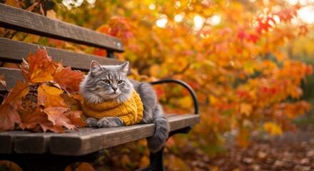 Adorable fluffy gray cat wearing a cozy yellow knitted scarf rests on a park bench surrounded by vibrant autumn leaves and warm bokeh lights, embodying cozy fall vibes.