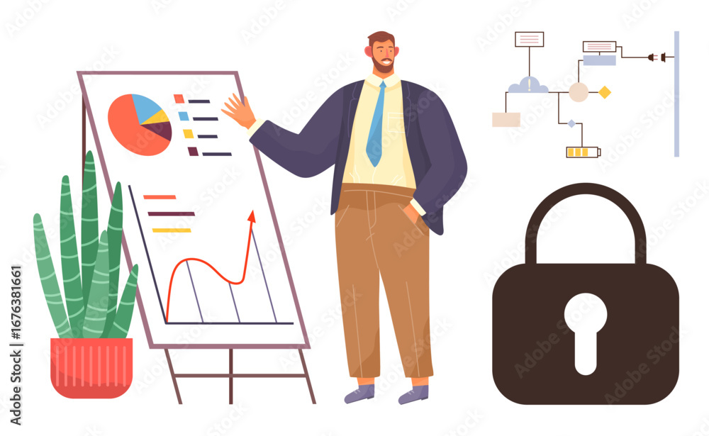 Poster man presenting charts on a whiteboard, lock symbolizing cybersecurity, and flowchart for process opt