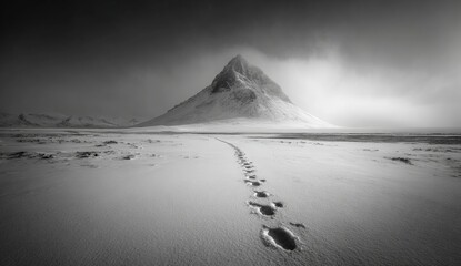 A solitary mountain peak pierces a gray sky over a snowy landscape with footprints leading to it