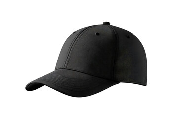 A black baseball cap angled to the right, isolated on black background