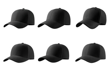 Eight black baseball caps arranged in a grid