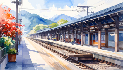 Train Station Platform with Tracks and Buildings.