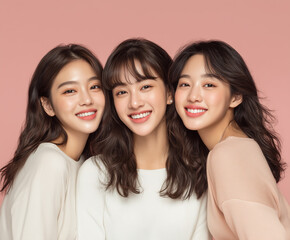 ピンクの背景で笑顔を見せる3人の若い女性　笑顔の女性の友人グループのポートレート