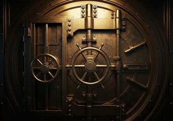 Close up of a vintage gold bank vault door with intricate locking mechanism