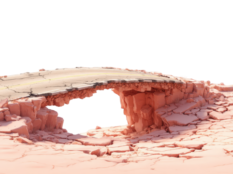 A cracked, desert road bridge