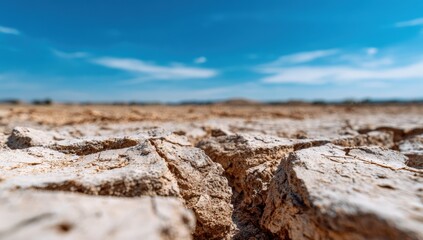 Close-up view of cracked earth under a vibrant blue sky
