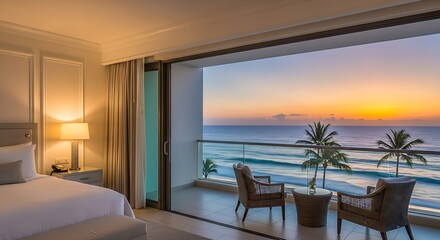 Luxury hotel room with ocean view balcony at sunset