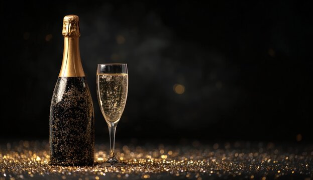Champagne bottle and glass on a dark background with glittering gold confetti