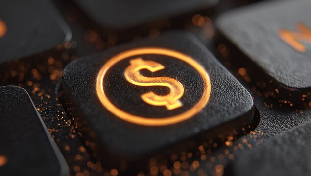Close-up of a glowing dollar sign key on a dark keyboard