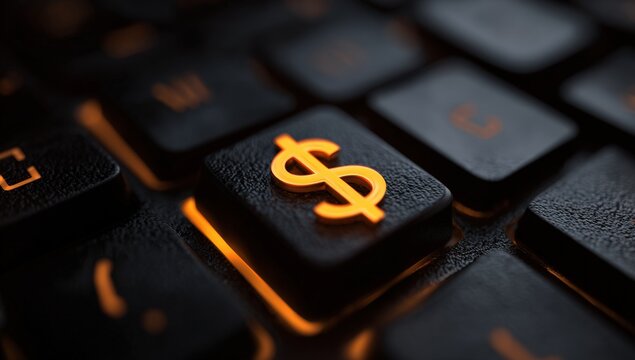 Close-up of glowing dollar sign key on a black keyboard