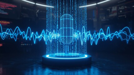 Digital microphone with sound waves and binary code background glowing in blue representing podcasting technology and audio engineering in a modern studio space