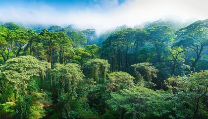 Fototapeta premium lush green forest a vibrant illustration of a lush forest canopy featuring a multitude of trees in varying shades of green blue and white creating a sense of depth and tranquility