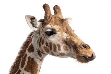 Close-up of a giraffe's head and neck, light brown and white spotted