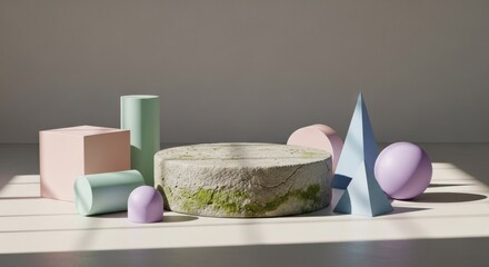 Pastel geometric shapes, light gray stone pedestal on white wooden surface