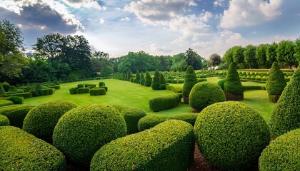 vibrant green topiary landscape a meticulously crafted scene featuring a variety of expertly sculpted topiary shrubs in various shapes and sizes