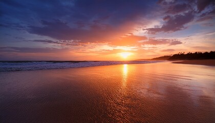 beach at sunset with its captivating beauty reveals blend of warm hues in evening sky shimmering reflection on water and tranquil ambiance of twilight evoking a sense of awe and wonder