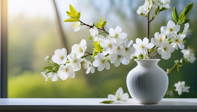 spring blossoms flowers white blossoms in vase on windowsill