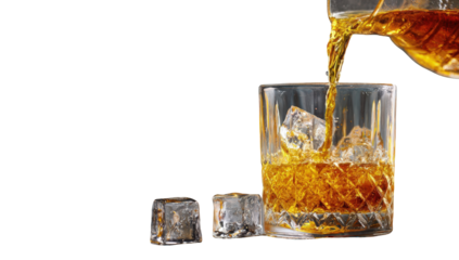 Amber liquid poured into a glass with ice