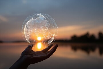 Hand holds a holographic globe of the Earth at sunset over water