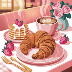 Delicious breakfast with croissants, pancakes, strawberries, coffee, and roses.