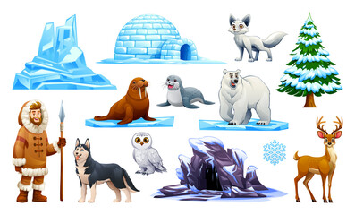 Collection of arctic animals, iceberg, snowy pine tree, and eskimo man. Vector cartoon illustration © YG Studio