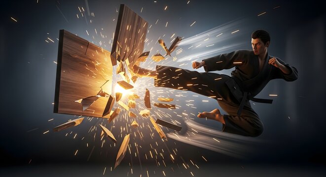 Dynamic Martial Artist Performing Kick During Action Scene with Exploding Wooden Target