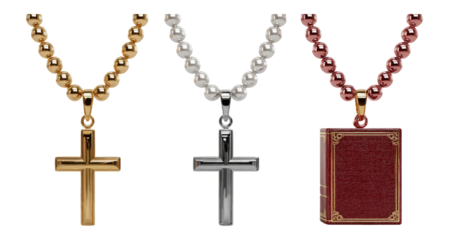 Cross Pendant Necklaces and Decorative Book on Transparent Background