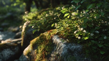 Serene Forest Stream: Mossy Rock and Delicate Blooms