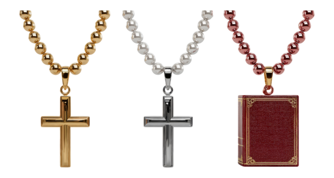 Cross Pendant Necklaces and Decorative Book on Transparent Background