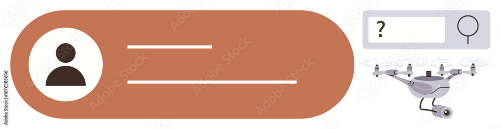 Poster rounded profile card with avatar and text, search bar with question mark and magnifying glass, quadc