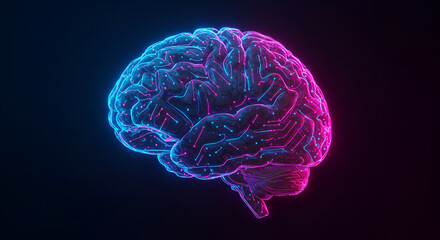 Futuristic brain illustration with glowing neon lights, symbolizing intelligence