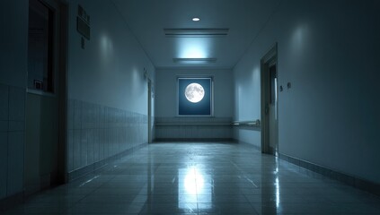 Empty hospital corridor at night, full moon in window