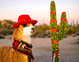 Llama in a red hat and mask by a decorated cactus