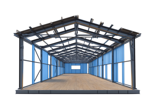 Industrial Steel Frame Building Structure with Wood Floor isolated on a transparent background