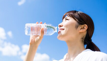 青空の下で水を飲む女性の爽やかな姿