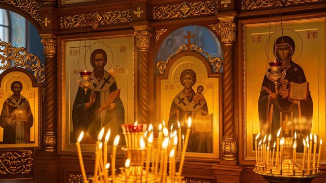 Orthodox Church Interior with Illuminated Candles and Religious Icons for Spiritual Blogs, Cultural Awareness Websites, and Religious Education Content  
