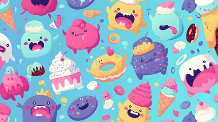 cute candy monsters background flat vector